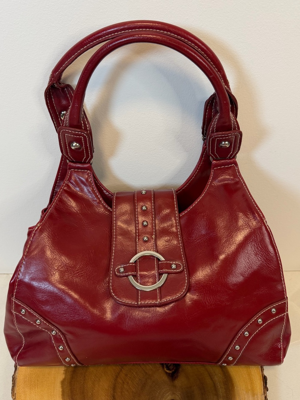 St. John’s‎ Bay Red Faux Leather Studded Shoulder Bag Silver Hardware Hobo